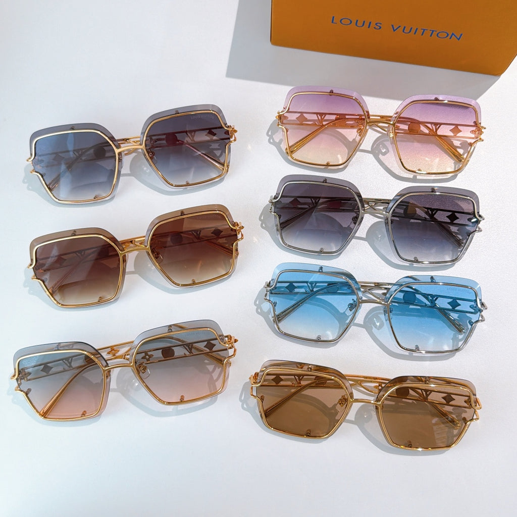 Collection of square sunglasses with gold-tone frames and assorted colored lenses