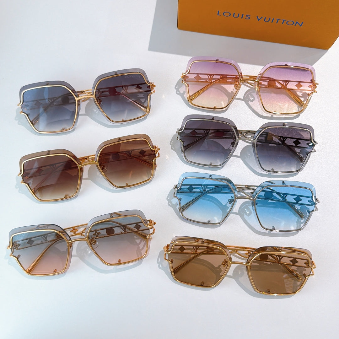Collection of square sunglasses with gold-tone frames and assorted colored lenses