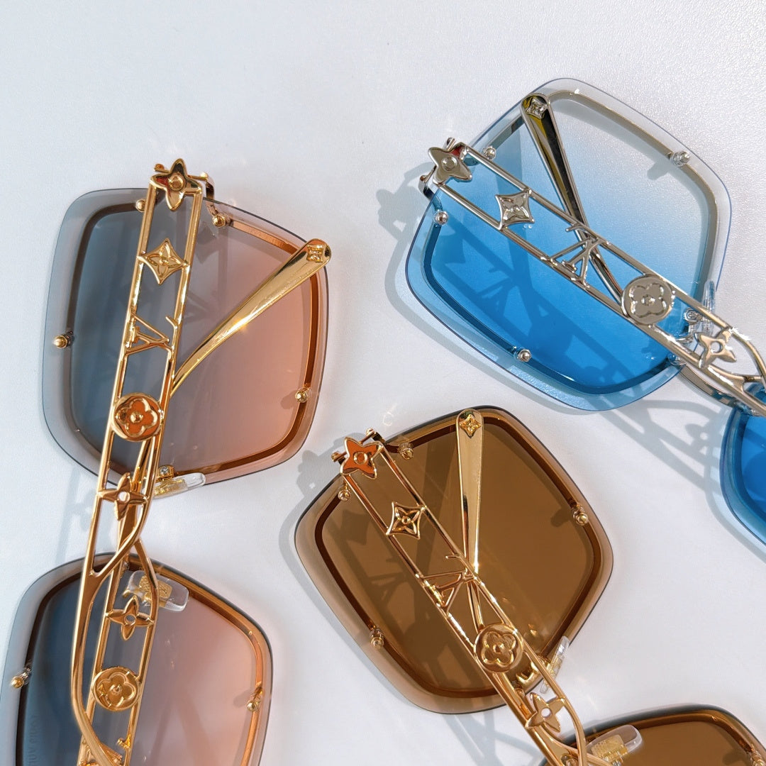 Assorted square sunglasses with star-cutout temples and peach and blue lenses