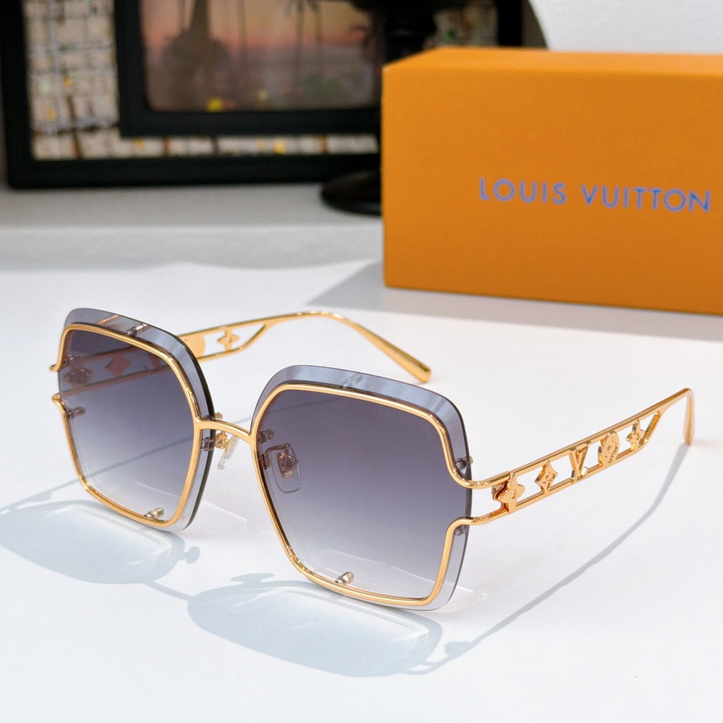 Gold-tone square sunglasses with tinted brown lenses and logo detail on temples
