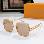 Gold-tone square sunglasses with tinted tan lenses and logo detail on temples