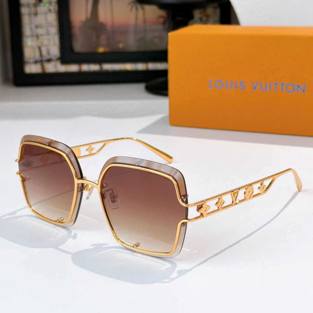 Gold-tone square sunglasses with rose-tinted lenses and logo detail on temples