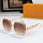 Gold-tone square sunglasses with rose-tinted lenses and logo detail on temples