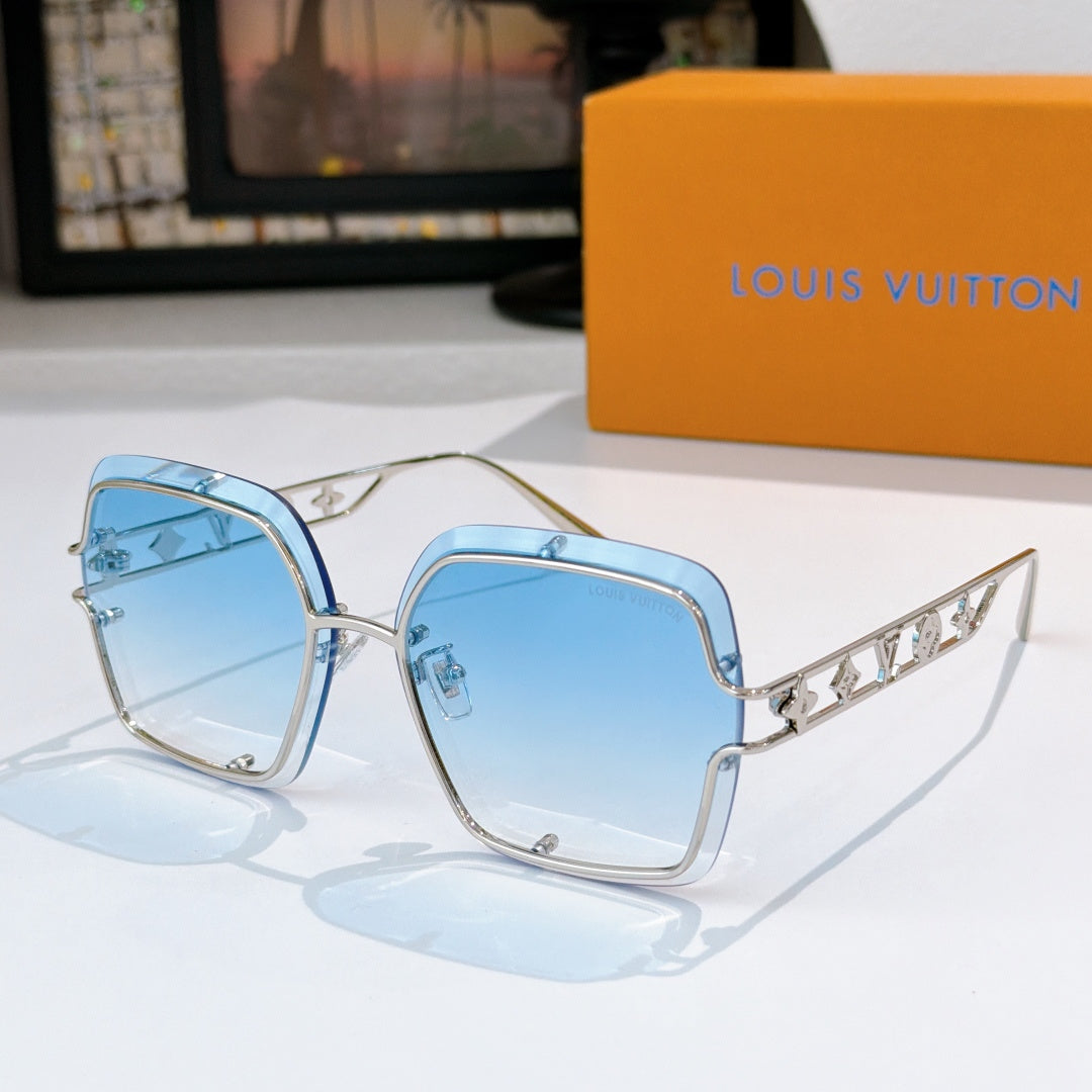 Silver-tone square sunglasses with blue lenses and logo detail on temples