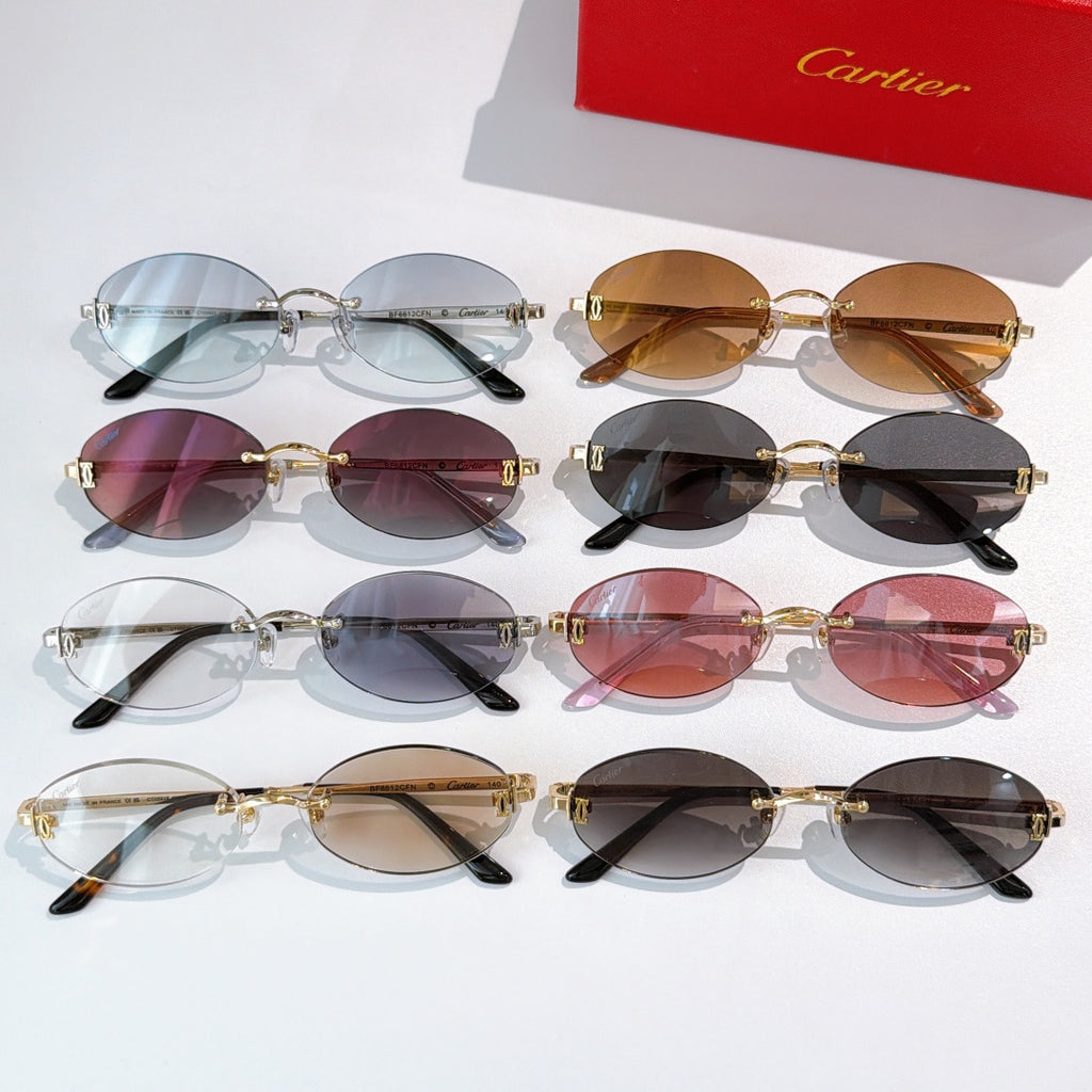 Cartier glasses assortment with mixed frames and tinted lenses: blue, brown, red, and black
