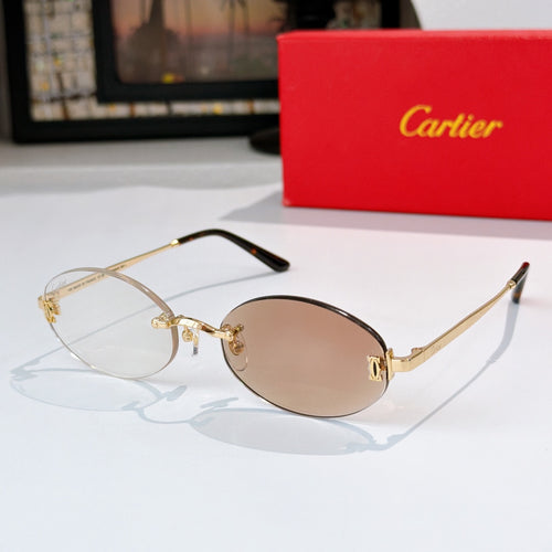 Cartier eyeglasses with gold frame and warm brown lenses, rounded rectangular shape