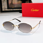 Cartier sunglasses with silver frame and dark lenses, rounded oval style