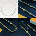 Louis Vuitton beaded necklace close-up with gold and silver charms and chain