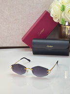 Gold metal sunglasses with dark purple lenses and black temple tips