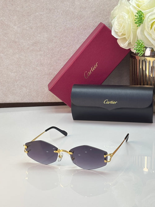 Gold metal sunglasses with dark purple lenses and black temple tips
