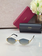 Gold metal sunglasses with light blue lenses and gold decorative details