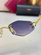Close-up of gold sunglasses frame with purple tinted lenses and logo details