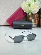 Sunglasses with dark lenses and gray case, metal frame with temple details