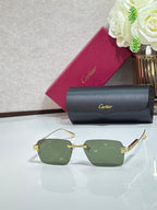 Sunglasses with green lenses, gold metal frame, and gray case
