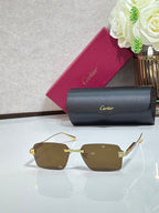 Sunglasses with olive lenses, gold metal frame, and gray case