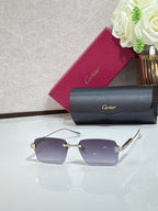 Sunglasses with lilac lenses, metal frame, and gray case