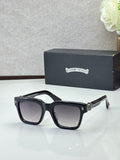 Chrome glasses with black frames and dark lenses, rectangular shape