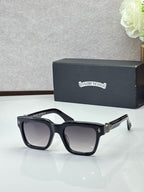 Chrome glasses with black frames and dark lenses, rectangular shape