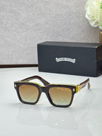 Chrome glasses with dark brown frames and tan lenses, square-rectangular shape