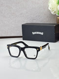 Black eyeglasses with square frames, gold-tone hinges and clear lenses