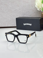 Black eyeglasses with square frames, gold-tone hinges and clear lenses