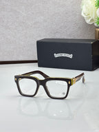 Brown eyeglasses with gold-tone accents, square frames and clear lenses