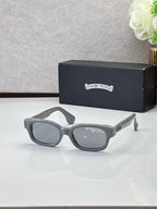 Gray oval sunglasses with clear frame and dark gray lenses