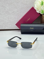 Cartier glasses, black frames with gray-purple lenses and gold-tone bridge detail