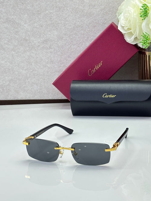 Cartier glasses, black frames with gray-purple lenses and gold-tone bridge detail