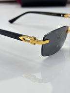 Cartier glasses close-up, black temple with gold logo detail and dark lens edge
