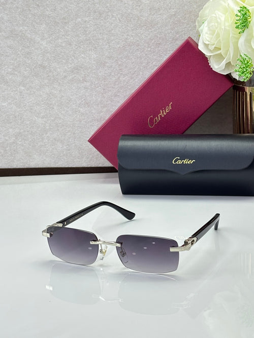 Cartier glasses, black frames with dark purple gradient lenses and gold-tone accents