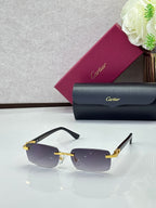 Cartier glasses, front view with dark purple lenses, black frame, and gold hinges