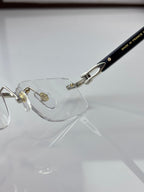 Clear eyeglasses close-up: black temple with small gold text and metal hinge detail.
