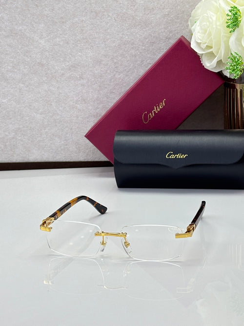 Clear rectangular eyeglasses with tortoise-pattern temple tips and gold-tone frame details.