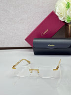 Clear rectangular eyeglasses with gold-tone temples and metal logo hinge detail.