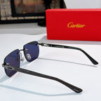 Cartier sunglasses with purple gradient lenses, black frame, extended temple arms