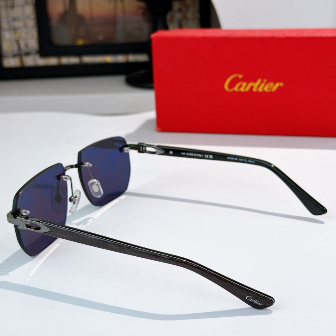 Cartier sunglasses with purple gradient lenses, black frame, extended temple arms