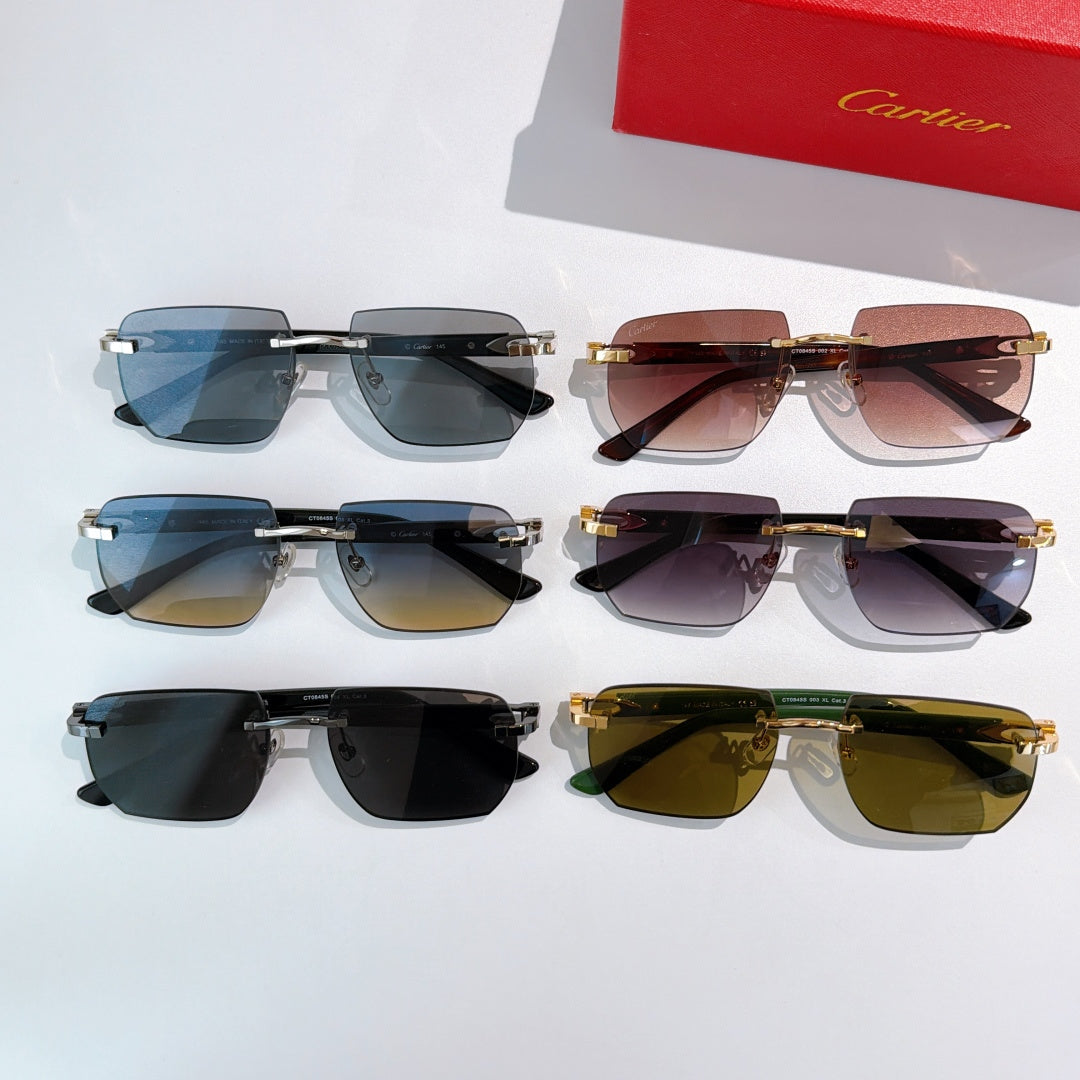 Cartier sunglasses set with mixed lens colors, gold-tone and dark frames, square lenses