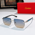 Cartier sunglasses with blue-gray gradient lenses, silver-tone metal frames, square shape