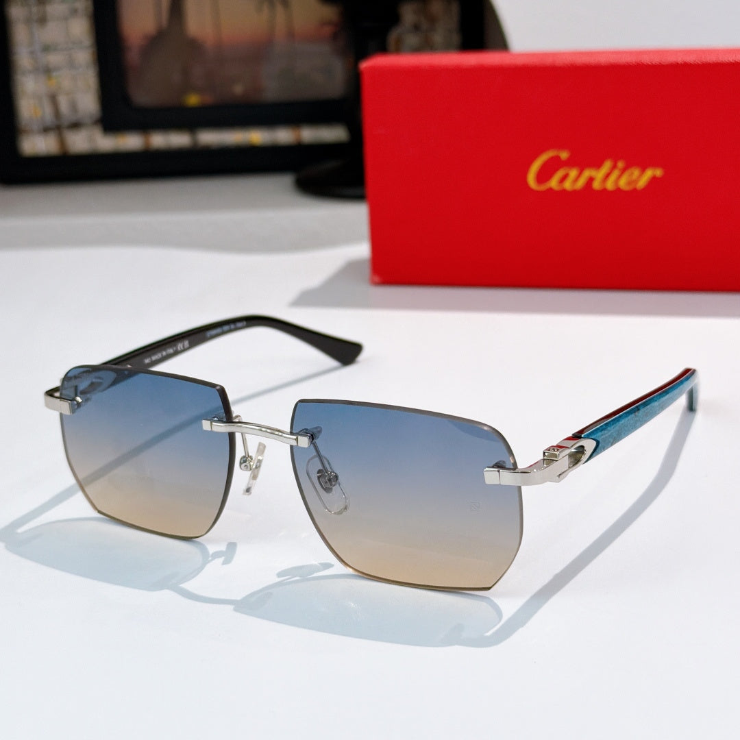Cartier sunglasses with blue-gray gradient lenses, silver-tone metal frames, square shape
