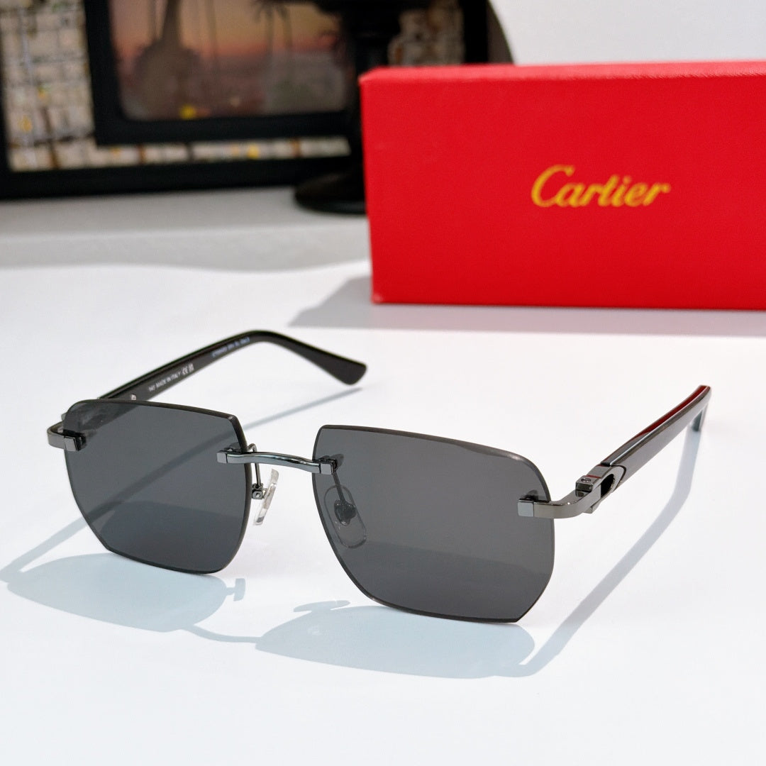 Cartier sunglasses with dark gray gradient lenses, gunmetal-tone frames, square style