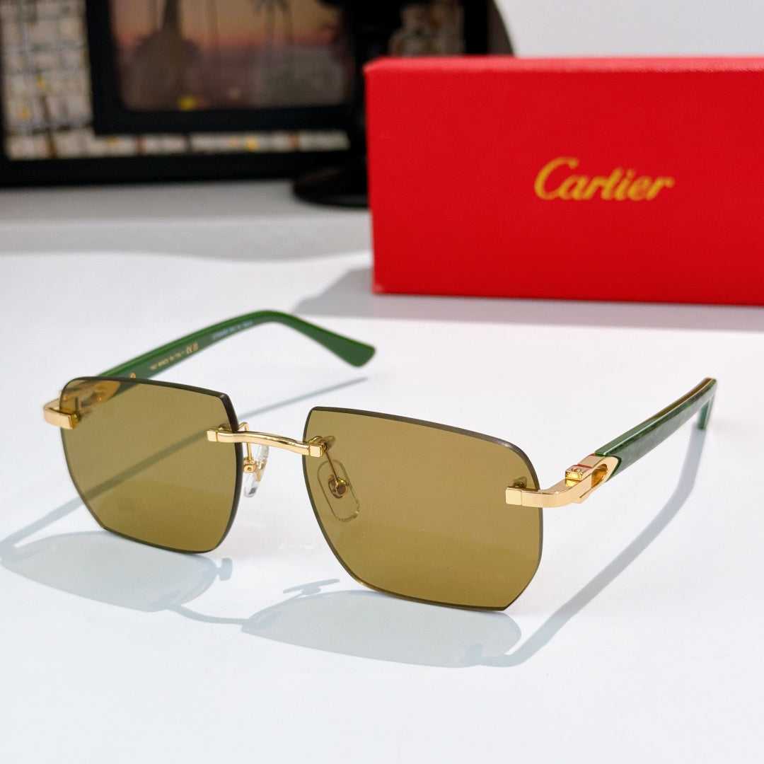 Cartier sunglasses with olive gradient lenses, gold-tone metal frames, green-accent temples