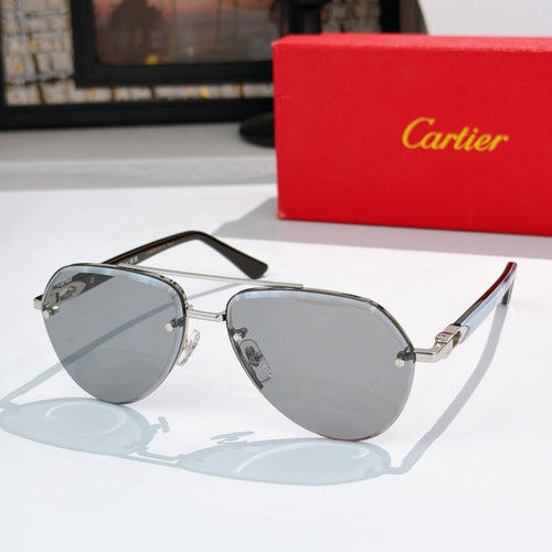 Sunglasses with silver metal frame and dark gray mirrored lenses
