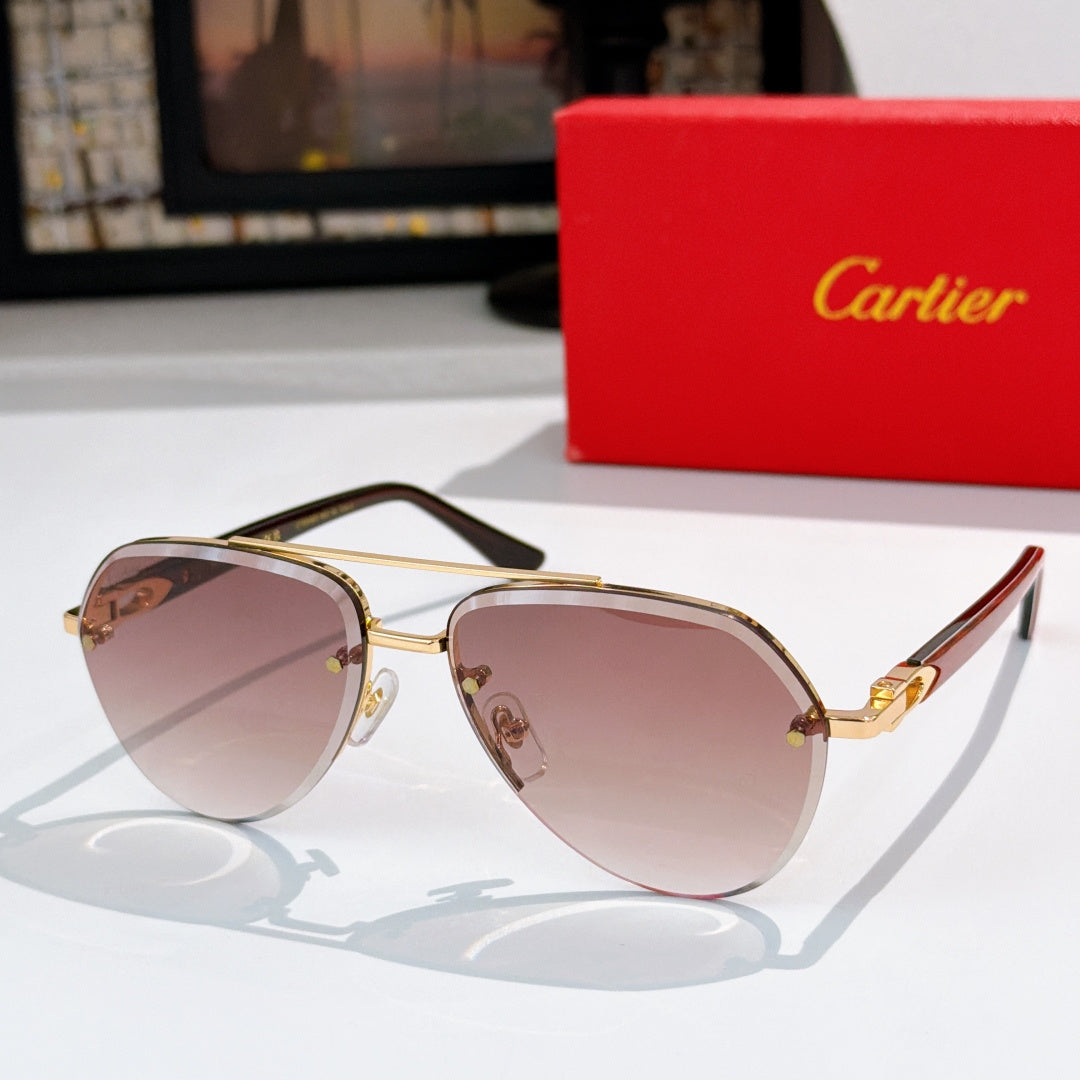Sunglasses with gold metal frame and rose-pink tinted lenses