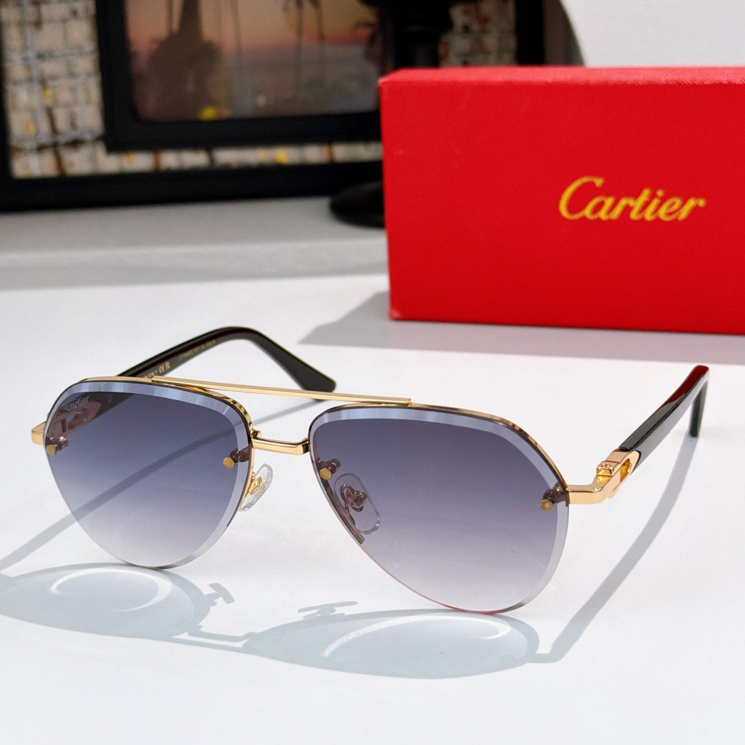 Sunglasses with gold metal frame and dark purple tinted lenses