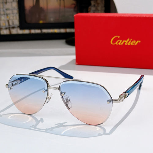Sunglasses with silver metal frame, blue lenses, and blue striped temples
