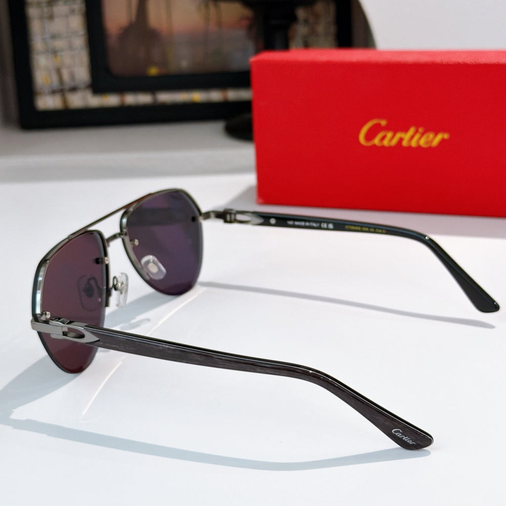 Sunglasses side profile with dark lenses and black temple arms