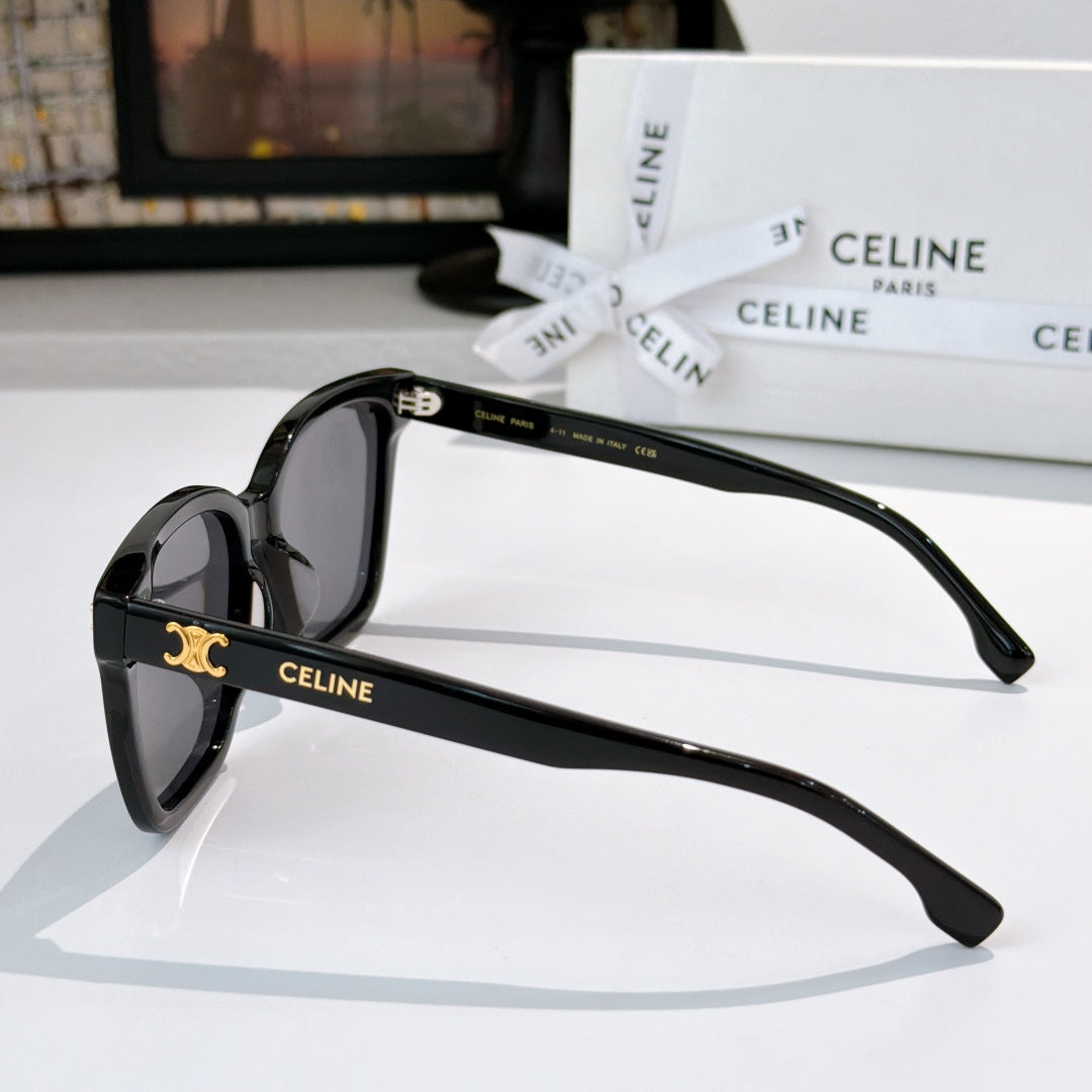 Sunglasses side view with glossy black frame and dark tinted lenses, gold logo detail