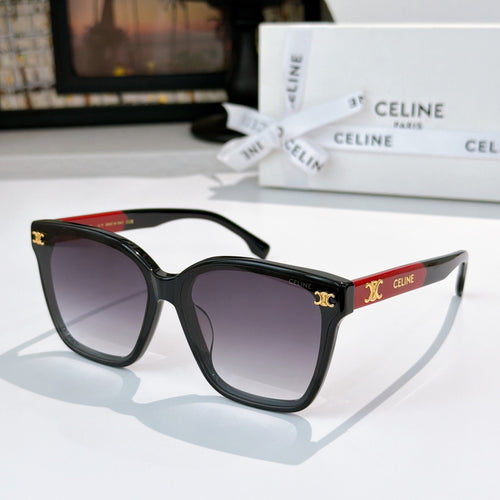 Sunglasses with black frame and dark purple tinted lenses, gold logo on temples