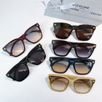 Sunglasses set laid out: red, black, blue, and beige frames with tinted lenses